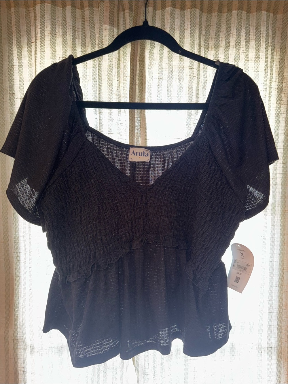 ARULA Black Smocked V-Neck Puff-Sleeve Blouse